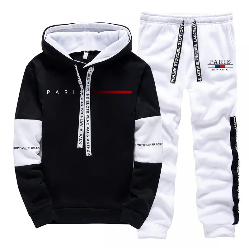 2025 Trendy Paris Print Hooded Tracksuit Men Winter Autumn Casual Jogging Outfit Athletic Sportswear Sweatpants Men's Clothes - Colouronova