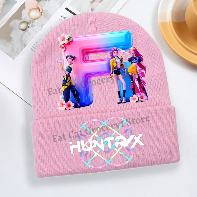 Kpop Demon Hunter Knitted Hat Girls Cute Letter A-Z Knit Cap Kids Winter Outdoors Warm Beanies Children Fashion Headgear Gift - Colouronova