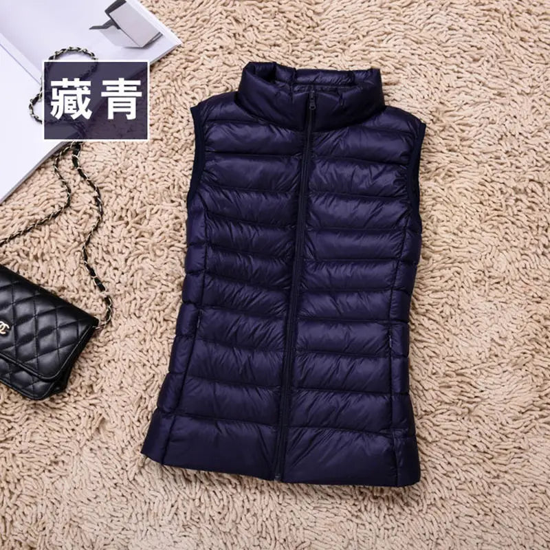 2024 Women's Clothing Down Coats White duck down slim fit new lightweight down vest short standing collar warm thin jacket vests - Colouronova