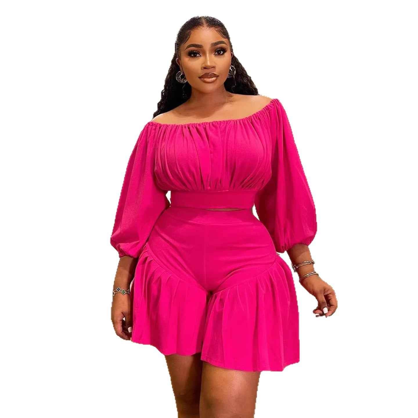 Plus-Size Off-Shoulder Pleated Women's Set