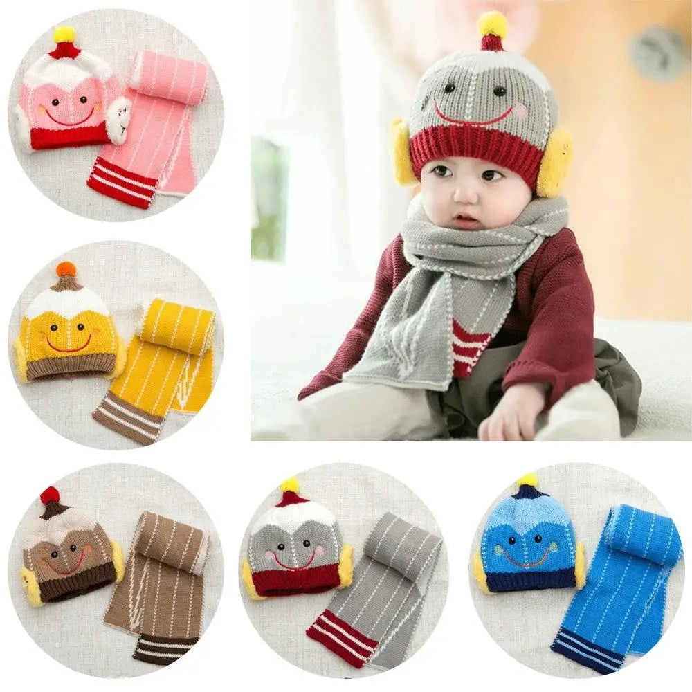Cartoon Snowman Children Hat Scarf Set 2Pcs Set Ear Protection Warm Beanie Caps Neck Warmer Beanie Hat Scarf - Colouronova