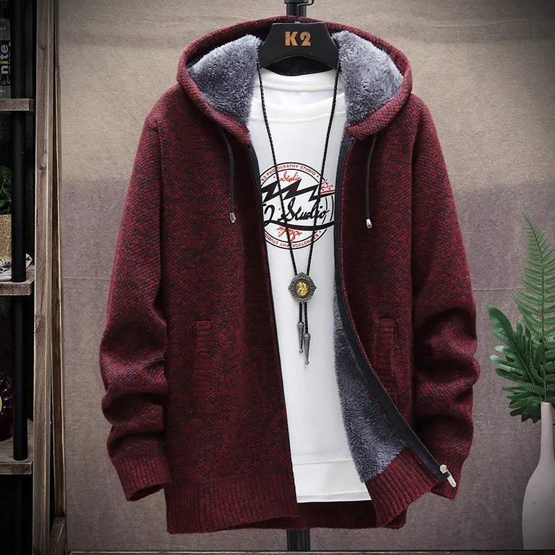 Men's Winter Autumn Fleece Sweater Zipper Cardigan Korean Warm Jacket Coat Sports Male Jumper Knit Clothing Brown Jacket - Colouronova