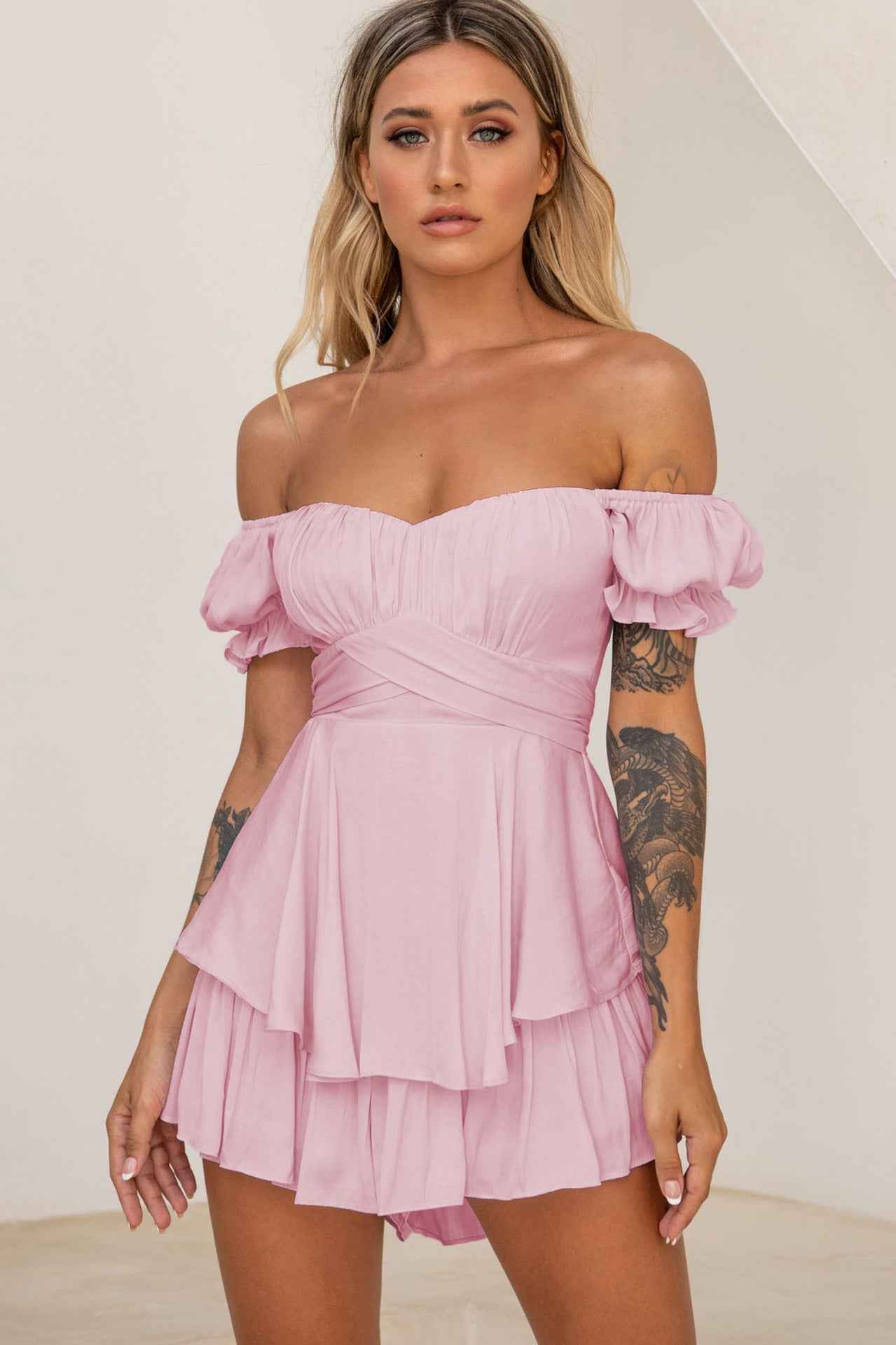 Women's Solid Color Jumpsuit with Lantern Sleeves