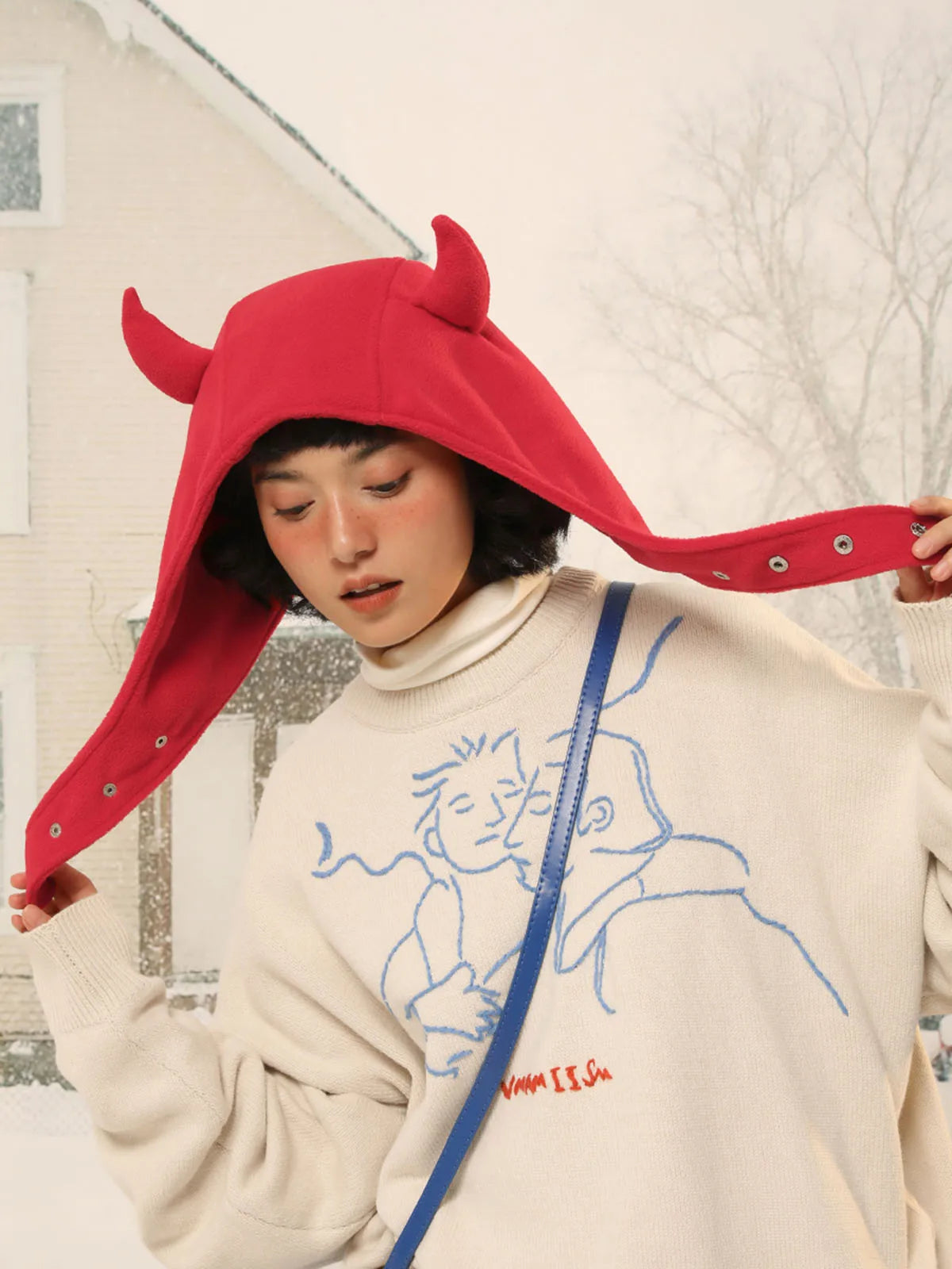 Japan Yabi Cute Devil Ears Cow Horn Thunderbolt Hat Women Autumn Winter Warm Suede Ear Protection Set Head Cap Y2K Beanies - Colouronova