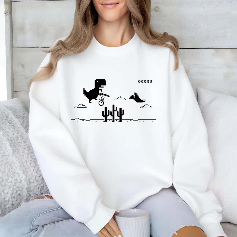 Pixel Art Of The Dino Game Printed Sweatshirts Women Crewneck Sporty Hoodies Loose Fleece Warm Tops Autumn Casual Womans Clothes - Colouronova