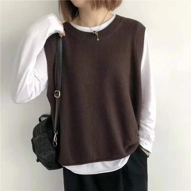 Autumn New Women's Fashion Round Neck Knitted Vest Sleeveless Solid Color Spring Versatile Female Chic Casual Tank Top - Colouronova