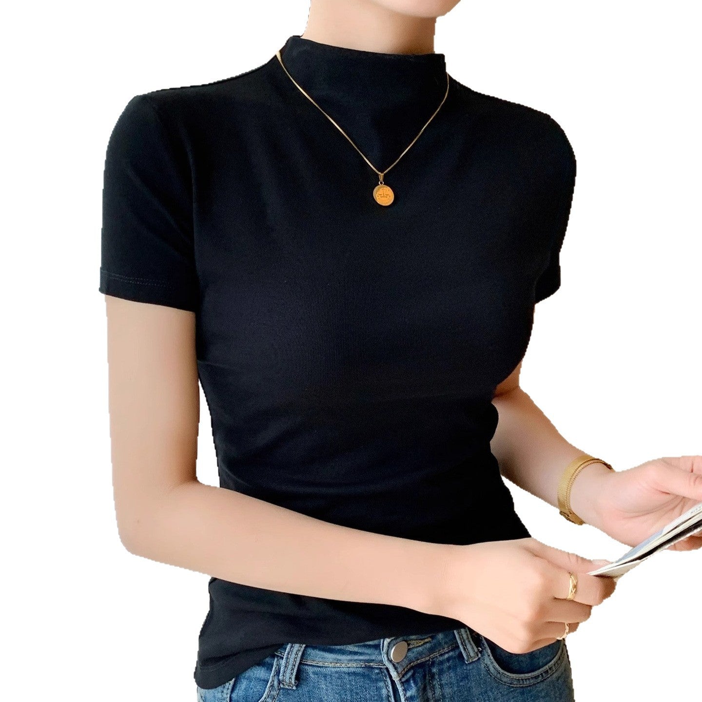 Women's Half Turtleneck Short-Sleeve Cotton Shirt Colouronova