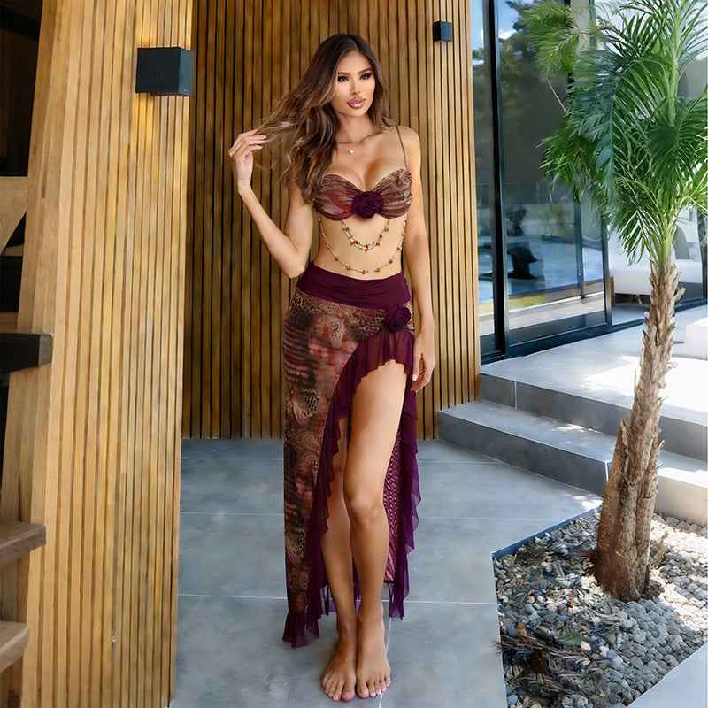 Floral Bead Chain Halter Neck Dress Set