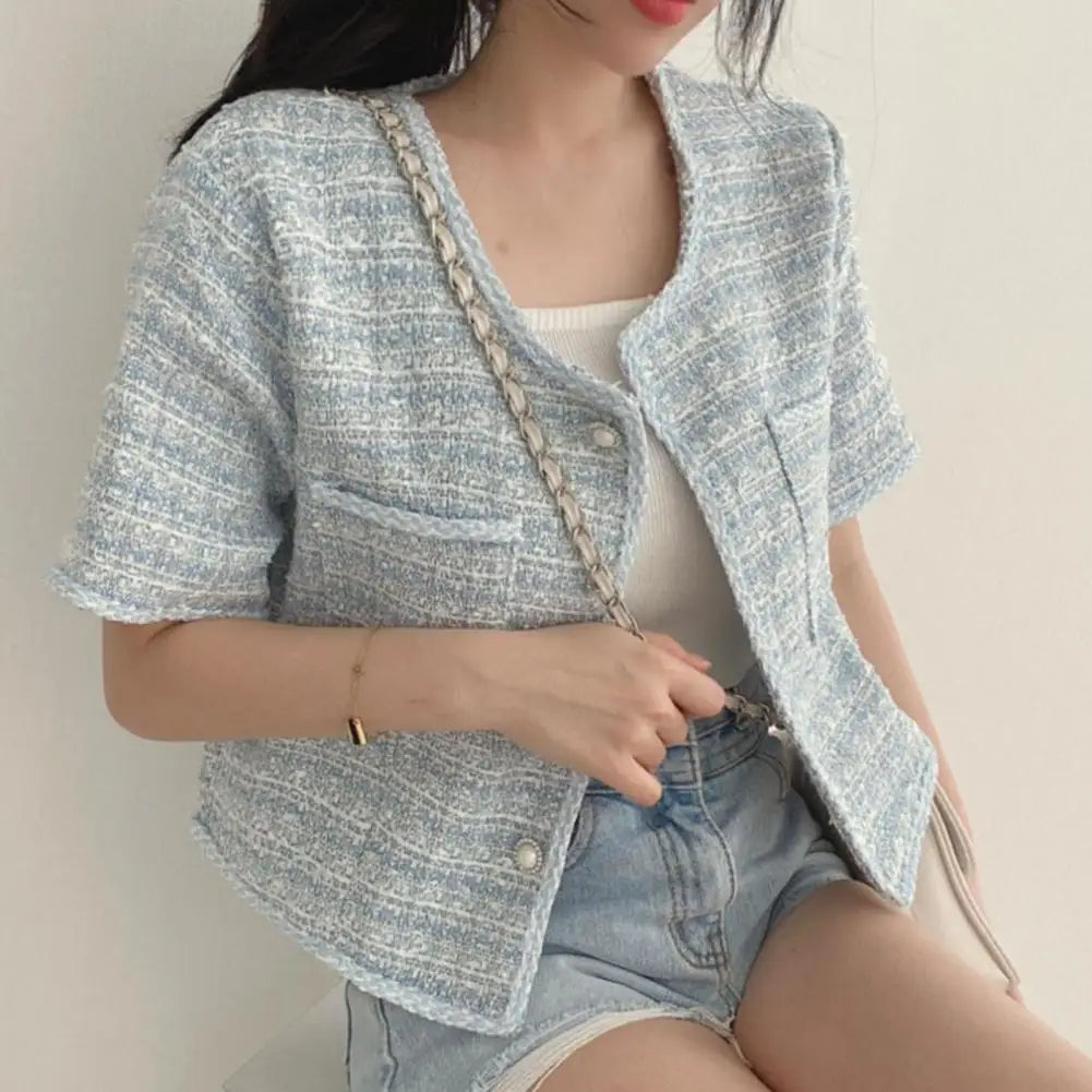 Tweed Weave Plaid Women Blazer Coat Women 2023 French Style Short Sleeve Single breasted Women Cardigan Coat Jackets - Colouronova