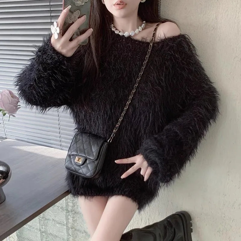 Women's Autumn Winter Faux Mink Hair Fuzzy Loose Long Sweater Lady Casual Solid Collar Pullover Long Sleeve Jumper - Colouronova