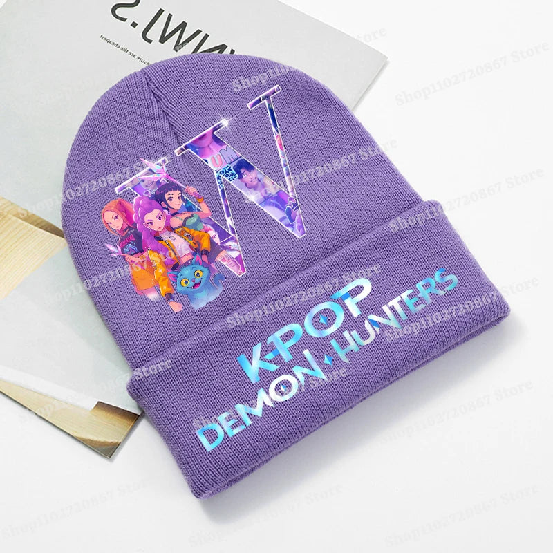 KPop Demon Hunters Purple Knitted Hat Boys Girls Cartoon Anime Woolen Hats Autumn Winter Kid Outdoor Warmth Beanies Caps Beanie - Colouronova