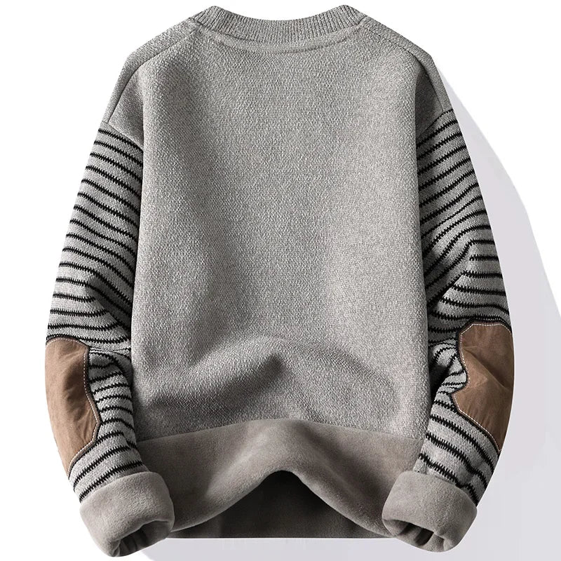 Autumn New Men Sweater Patckwork Round Neck Pullovers Fleece Lined Thick Warm Winter Knitwear Fashion Jumpers Male Clothes - Colouronova