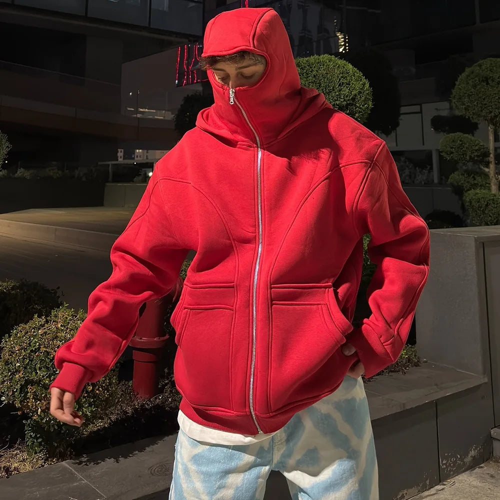 Sports style fashion European and American trend solid color line splicing double hat cardigan zipper hooded Y2K sweatshirt - Colouronova