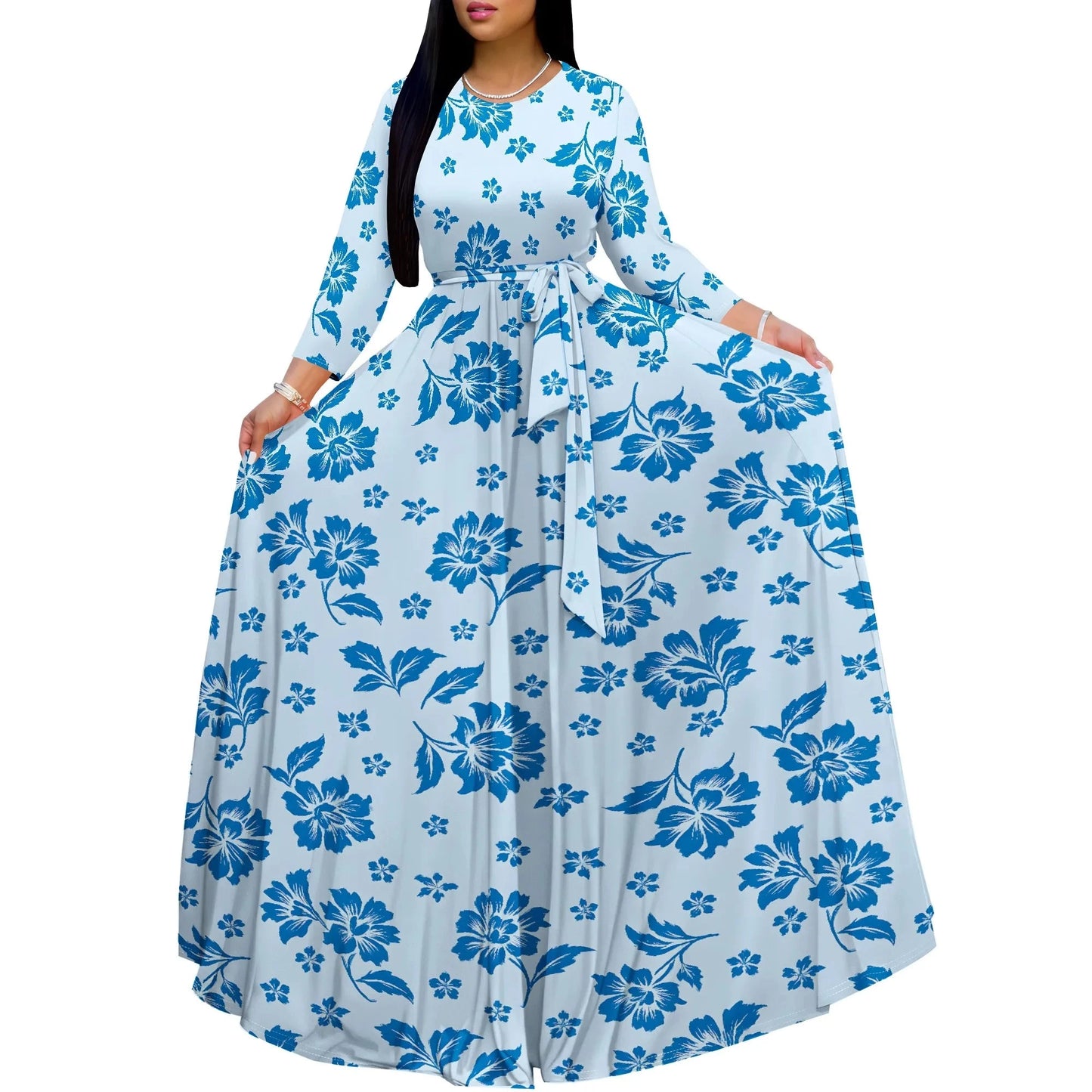 Long Sleeve Plus Size Maxi Fall Dress for Curvy Women Round Neck 3/4 Sleeve Long Dress Cocktail Party Dress Colouronova