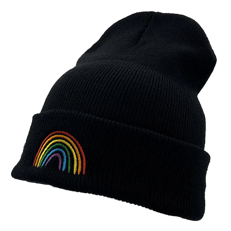 Cute Rainbow Beanies Women Autumn Winter Warm Hat Simple Solid Color Cartoon Embroidery Caps for Men Knitted Unisex Bonnet Gifts - Colouronova
