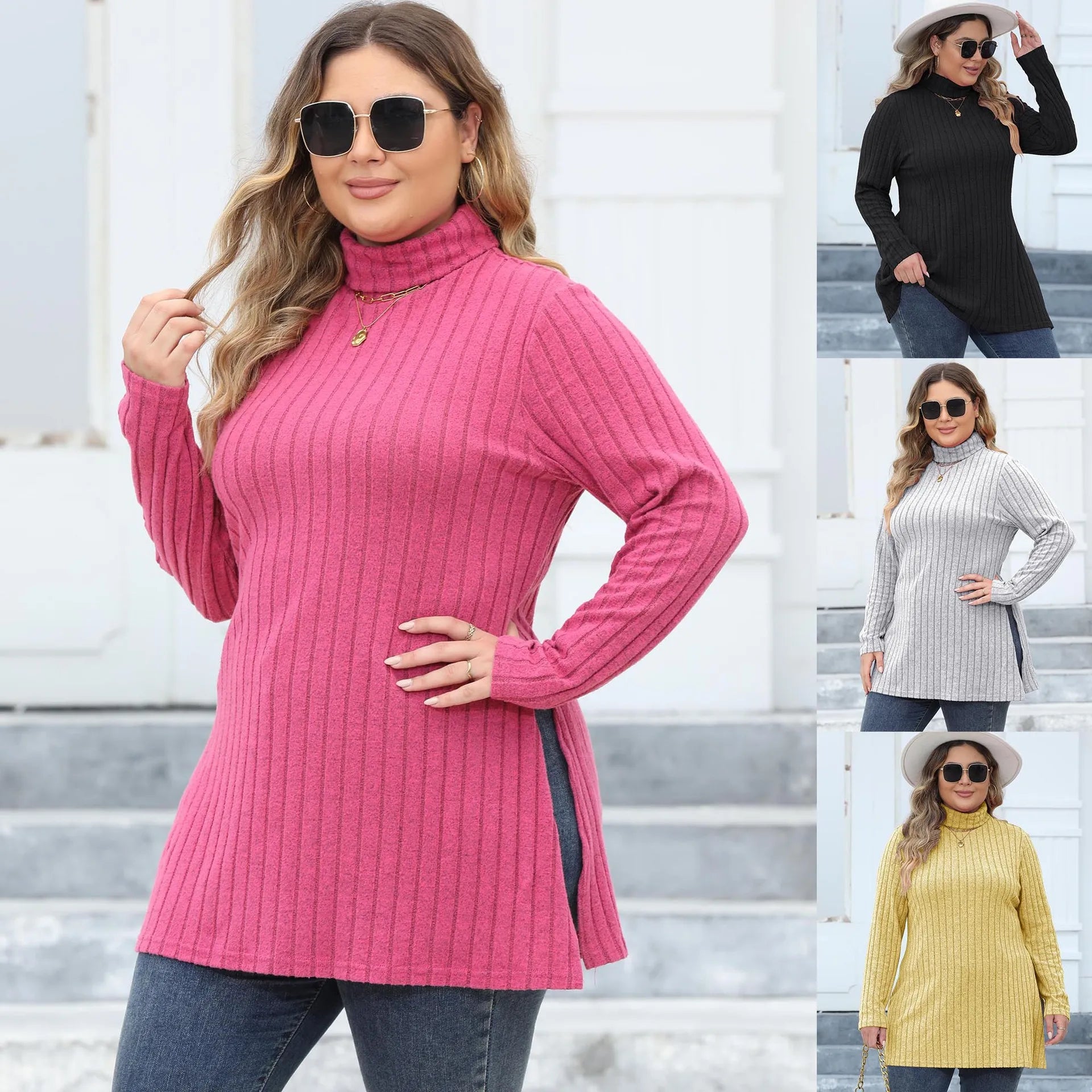 Women Turtleneck Top T Shirt Basic Tees Side Split Stripe Long Sleeve Casual Layering Tops 2025 Autumn Winter Office Lady - Colouronova