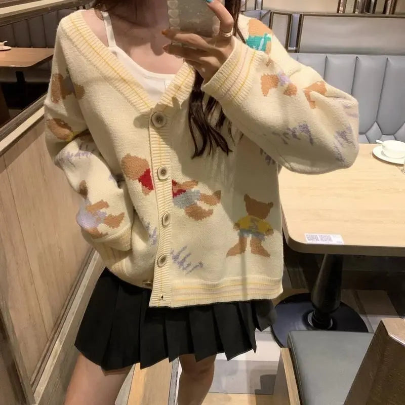Knitted Korean Cardigan Woman's Clothes Cute V-neck Jacquard Loose Outerwear Lazy Style Youth Lively Fashion Trend Autumn Winter - Colouronova