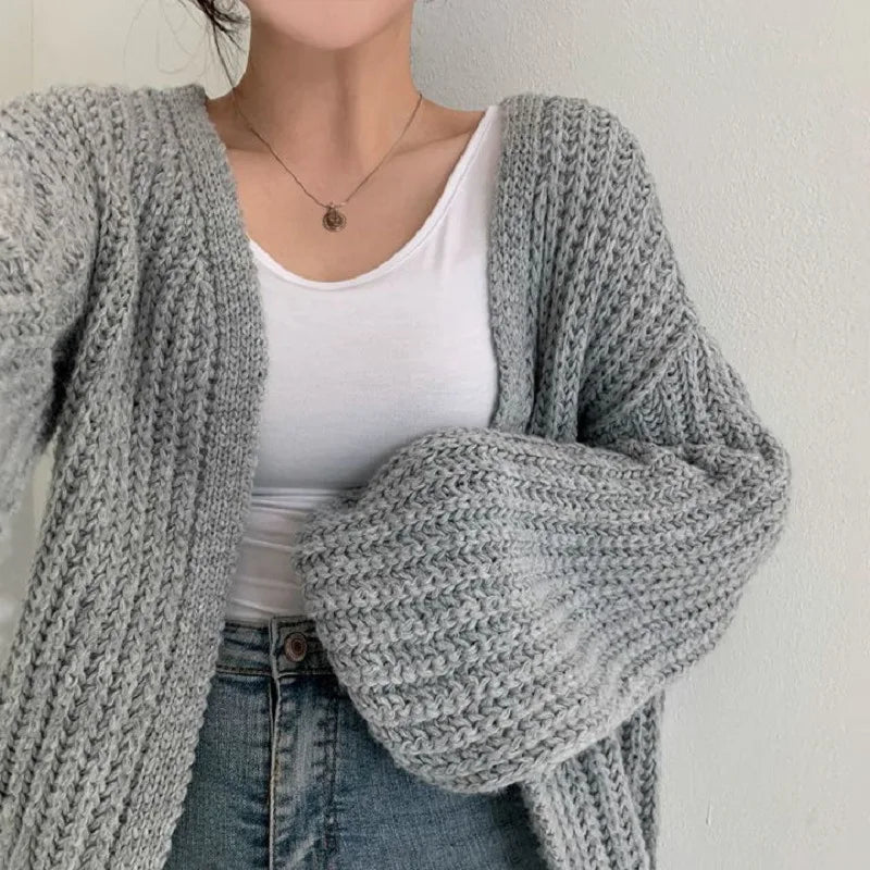 Women Sweaters V Neck Lantern Sleeve Cardigan Jumpers Knit Open Stitch Regular Solid Spliced Casual Simple Autumn 2025 - Colouronova