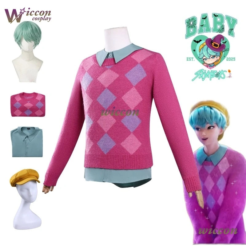 Kpop Demon Hunters Baby Saja Boys Cosplay Costume Wig Hat Set Pink Sweater Full Outfit Baby Wig Hat Men Halloween Xmas Roleplay - Colouronova
