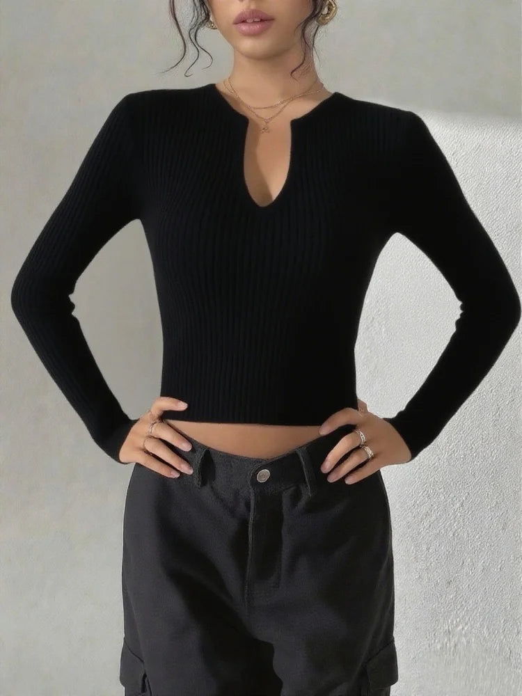 Women's V-neck standard size top, elegant long-sleeved autumn and winter style, bottoming pullover, fashionable popular style - Colouronova