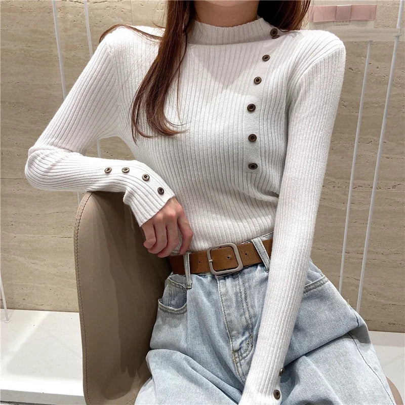 2025 Autumn Women Mock Neck Button Sweater Long Sleeve Knitted Bottoming Solid Pullovers Stripe Women Casual Sweater Winter - Colouronova