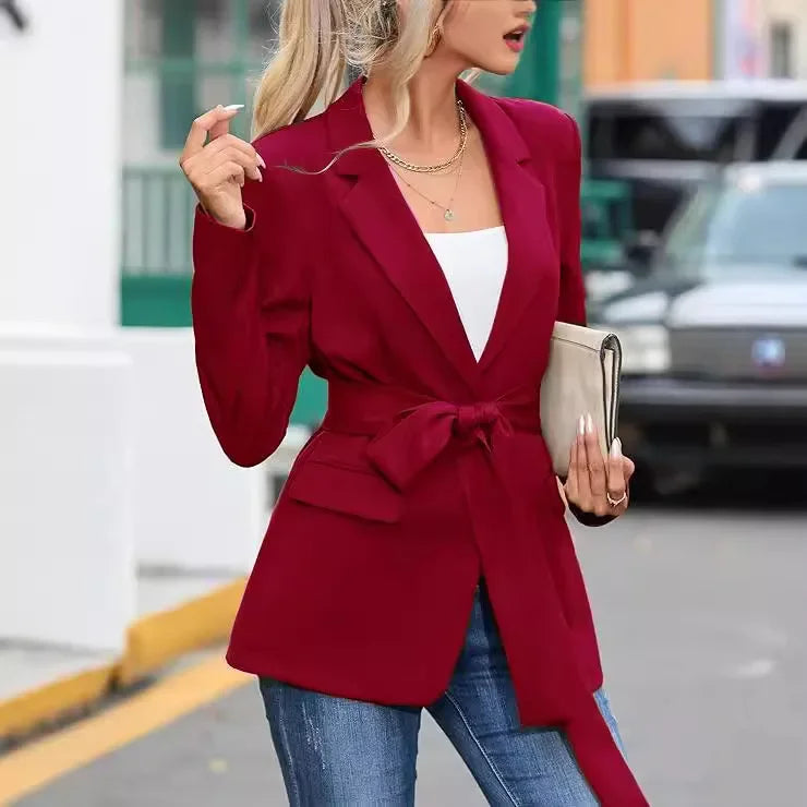 Women Autumn Spring Coat Jacket Solid Color Turndown Collar Long Sleeve Lace-up Casual Fashion Sexy Elegant Comfortable Standard - Colouronova