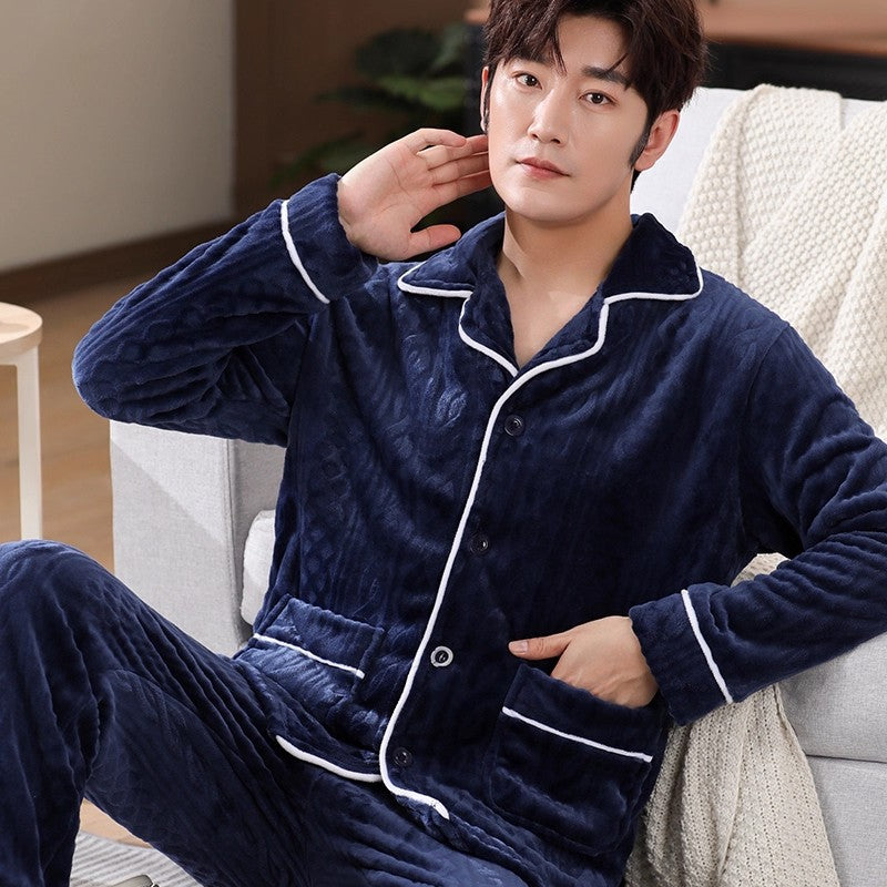 Men's Coral Fleece Pajama Set Long Sleeve Colouronova
