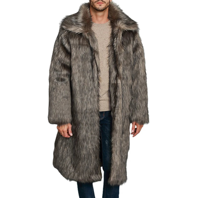 Men s Luxury Faux Fur Coat Jacket Turn Down Collar Long Sleeve Winter Warm Long Coats Overcoat Outwear - Colouronova