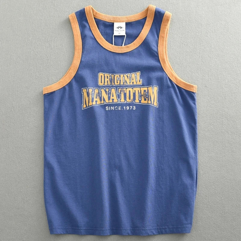 Summer Japan Retro Printed Basketball Loose Sleeveless T-shirt Tank Tops American Vintage Casual 100% Cotton Vest Tees for Men Colouronova