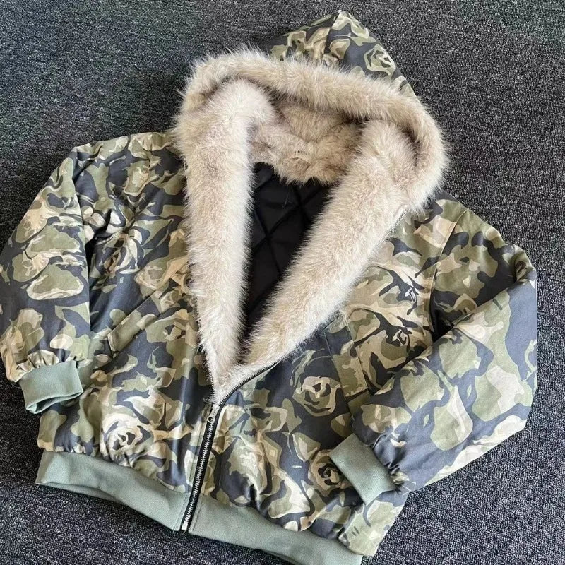 American Fashion New Camouflage Fur Collar Thick Velvet Jacket Y2K Punk Wind Rock Tide Brand Baggy Hooded Couple Sports Coats - Colouronova