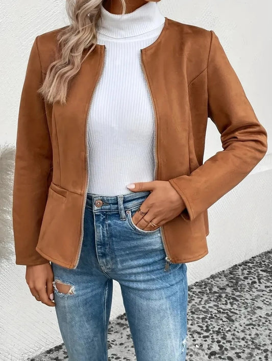 women's autumn jacket O-neck slim fit zipper solid color vintage long sleeve cardigan leather jacket trendy daily women's jacket - Colouronova