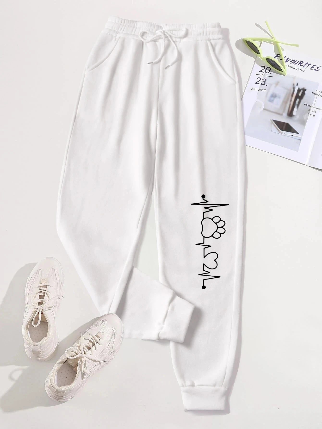 Creative Heartbeat Dog Claw Print Pants Womens Jogger Sportpants Fleece Drawstring Long Pant Fashion Street Female Sweatpants Colouronova