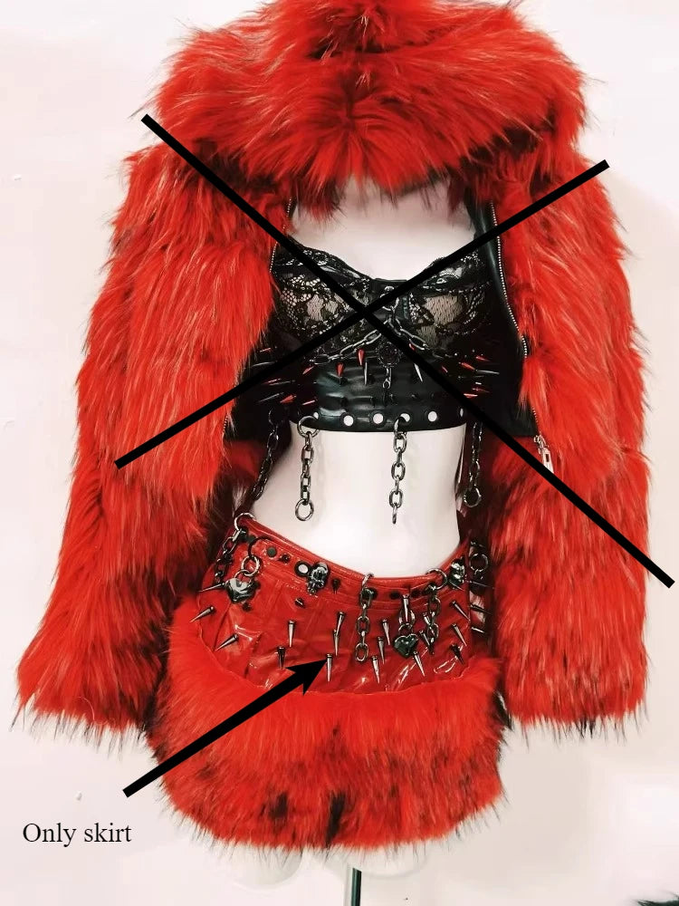 Spring Autumn New Black Lace Hollow Out Sexy Rivet Women's Vest Original Design Red Furry Splicing Short Skirt Coat Set Ladies - Colouronova