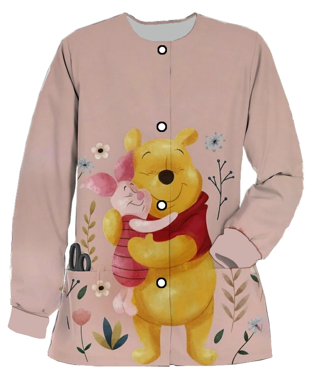 Autumn and Winter New Disney Winnie the Pooh Print Women's Double Pocket Long Sleeve Snap Button Scrub Jacket Medical Coat - Colouronova