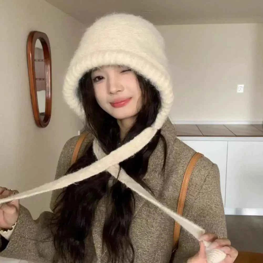 Y2K Cute Beanies Autumn Winter Women Warm Japanese Knit Hat Pile Caps Windproof Ear Protection Tie Pullover Hat Gorro Bonnet