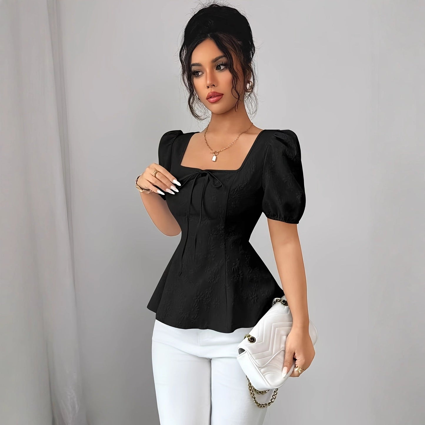 Square Neck Jacquard Blouse with Lace-Up Waist Colouronova