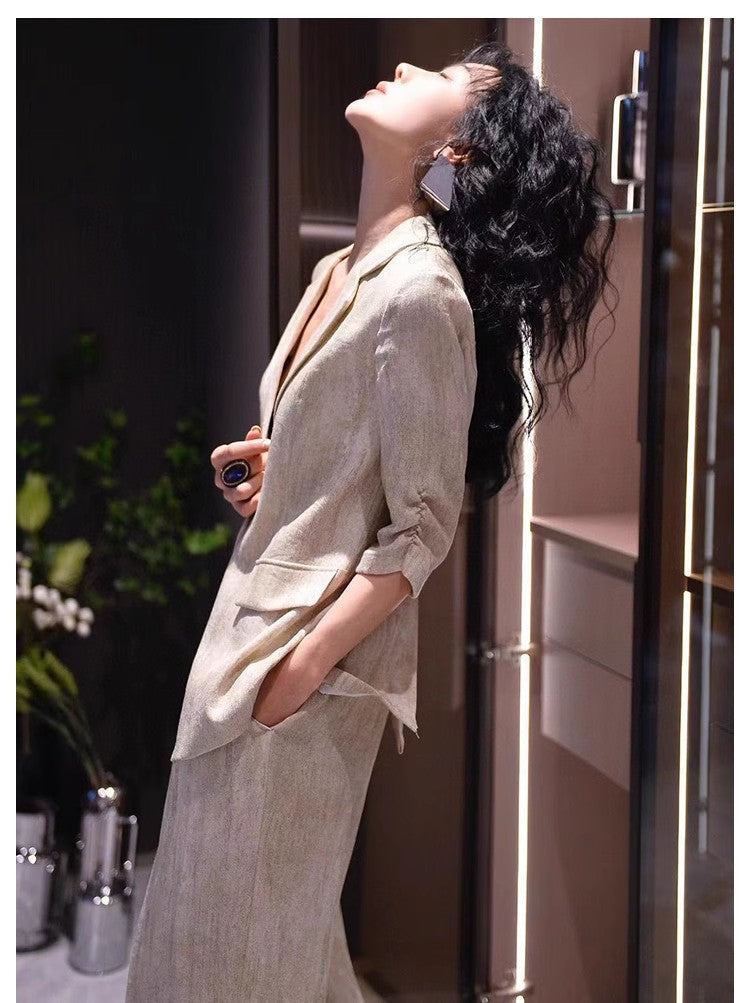 Cotton Linen Wide Leg Pants Set Three Quarter Sleeve Colouronova