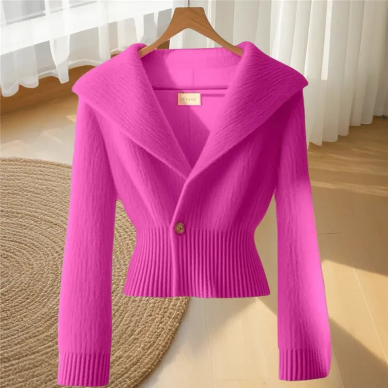 Autumn Winter Women's Sweater Knitwear 2025 New Fashion Loose Casual Tops Cardigan Pure Colour The Waist V-Neck Outerwear Female - Colouronova